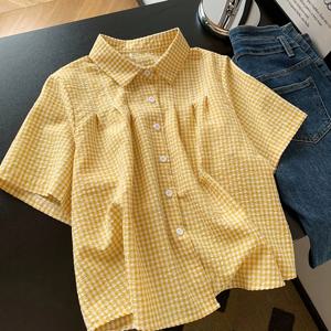 TEMU 플러스 사이즈 - 플러스 사이즈 - 우아한 플러스 사이즈 체크무늬 여성 반팔 셔츠 | 신축성 없는 원단, 라펠 칼라, 버튼 디테일, 여름 컬렉션