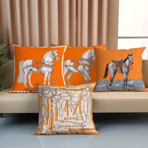 TEMU 4개 세트, 2D 평면 프린팅, 오렌지 승마 스타일 베개 커버, 클래식한 말 패턴, 우아하고 고귀함. 거실, 침실, 서재 등 가정 장식에 적합하며 활력과 예술적 감각을 더합니다. 승마 애호가에게 이상적이며 따뜻한 분위기를 조성하고 공간의 품격을 높입니다. 베개 커버(속통 미포함) - 신제품, 2D 평면
