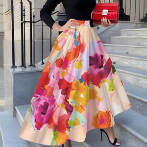 TEMU 미디 스커트용 바캉스 스타일 추상 플로럴 수채화 프린트 디자인