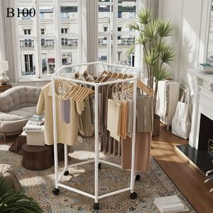 TEMU [국내발송] 회전식 육각형 옷걸이,바퀴 달린 튼튼한 메탈 옷걸이,360° 회전,바닥 설치형 이중 레이어 의류 행거, 침실, 기숙사 및 발코니용, 여러 물건의 세탁물 수납 가능, 침실 수납,발코니 정리,공간 절약형 디자인,내구성 있는 금속 프레임,아파트 생활