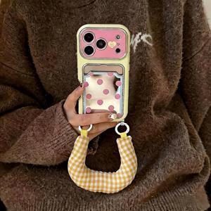 TEMU 휴대폰 케이스 - 새로운 패션 트렌디 쉘 폴카 도트 미러 낙하 방지 휴대폰 케이스, 창의적인 카드 홀더 디자인 보호 케이스, 휴대폰 끈 포함, 아이폰 17/17 에어/16/15/14/13/12/11 Pro Max/Xs Max 시리즈 모델 휴대폰 케이스에 적합