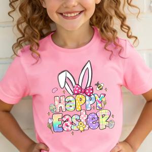TEMU 여아용 캐주얼 핑크색 부활절 티셔츠, 벌과 토끼 귀 만화 프린트 | 레귤러 핏, 크루넥, 약간의 스트레치 원단, 여름 시즌