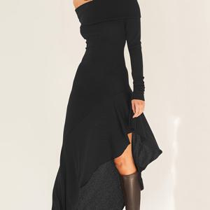 TEMU 신상 여성 의류: 넥라인 오프숄더 드레스, 우아한 긴팔 핏 드레스, 러플 디테일의 비대칭 스커트, 부드럽고 편안한 원단으로 제작, 파티, 캐주얼 외출, 축제 행사에 적합