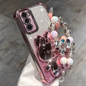 TEMU 새로운 토끼 홀더 삼성 갤럭시 A15 5G A14 5G A35 5G A55 호환 그라데이션 글리터 네 모서리 낙하 방지 보호 케이스, 렌즈 필름 및 폰 스트랩 내장형