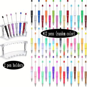 TEMU 12가지 다양한 플라스틱 비즈 펜, 개별 2개, 6구 플라스틱 펜 홀더, 비즈 펜 제작용 다양한 키트, 검은색 잉크가 들어있는 투명 펜 디스플레이 스탠드가 포함된 선물 세트. 학교 및 사무실에서 사용하기에 이상적입니다.