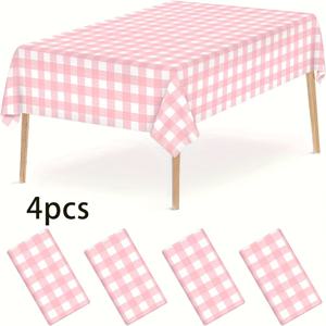 TEMU 4개 핑크 체크무늬 테이블보, 졸업 파티 장식용 직사각형 테이블보, 53.94인치 x 107.87인치 일회용 플라스틱 테이블보, 파티 및 결혼식, 휴일 야외 피크닉에 적합