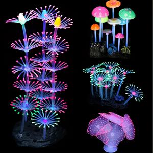 TEMU 야광 산호초 식물 4개 세트, 야광 수족관 장식, 수족관용 수중 장식, 빛나는 버섯 검은사자, 어항 장식용 형광 식물 , 수족관 조경 장식품