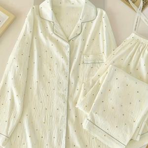 TEMU 청소년 봄 가을 도트 무늬 파자마 세트, 캐주얼 편안한 칼라 라운지웨어 슈트