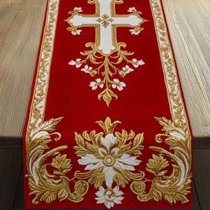 TEMU 1pc 우아한 빨간색 & 금색 꽃 테이블 러너 - 우아한 폴리에스터 원단, 복잡한 크로스 디자인, 스위스 국정절 축하 및 고급 장식에 완벽, 가정, 파티, 행사용으로 다용도, 행사 장식 | 우아한 테이블 세팅 | 내구성 있는 폴리에스터, 테이블 장식