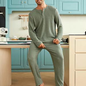 TEMU 새로운 가을/겨울 단색 긴팔 긴바지 잠옷 라운지웨어 세트, 골지 질감 및 버튼 장식