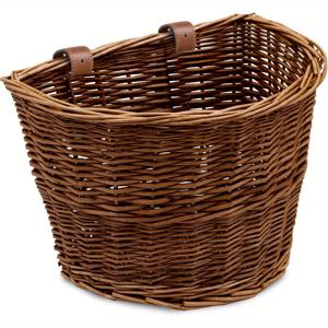 TEMU 우드 & 와이어 프론트 바이크 바구니 - 위커 바구니 포함, 대부분의 자전거, 전기자전거, 비치 크루저, 로드 바이크 호환 - 튼튼한 프레임 캐리어, 여성 & 남성용, 장보기, 애완동물, 책 수납에 넉넉한 공간