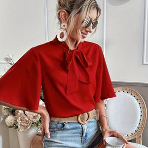 TEMU 여성용 우아한 레드 블라우스 - 앞면에 묶는 타이 & 고양이 날개 소매 - 스탠드 칼라, 레이스업 디테일, 짧은 소매, 모든 계절에 착용 가능, 다재다능한 패션 탑 | 우아한 블라우스 | 레이스업 디테일링