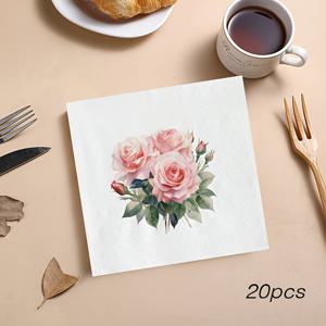 TEMU 20장 장미 패턴 일회용 종이 냅킨, 3겹 장식용 냅킨 - 로맨틱 데이트, 웨딩, 애프터눈 티, 발렌타인데이용, 5*5인치, 우아한 다이닝 세팅 | 테마별 테이블웨어 | 쌓기 가능한 냅킨, 로맨틱 냅킨