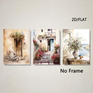 TEMU 2D 플랫, 2D 플랫, 지중해 나무, 유럽 농촌, 해변 집, 자전거를 특징으로 하는 3개 플랫 캔버스 아트, 거실 장식 또는 선물용으로 완벽, 액자 없음