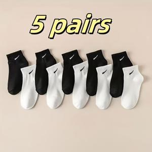 TEMU 사계절용 미드 카프 양말 5켤레 세트. 스포티한 블랙 앤 화이트 디자인, 통기성, 땀 흡수, 다용도, 트렌디한 한국 스타일