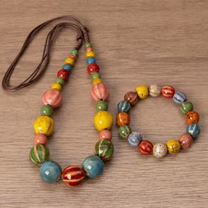 TEMU 도파민 컬러 세라믹 목걸이와 팔찌 2개 세트, 핸드 위븐 세라믹 비즈 주얼리, 여성 액세서리, 데일리용 목걸이 세트