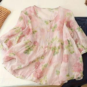 TEMU 여성용 핑크 플로럴 패턴과 7부 소매가 특징인, 루즈핏의 가벼운 오픈 프론트 탑