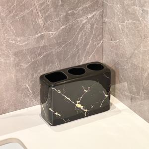 TEMU 골든 마블 엔드 세라믹 칫솔 홀더 - 3구 텍스처 욕실 수납 상자, 녹 방지 조리대 받침대, 치약 및 칫솔 보관 세트