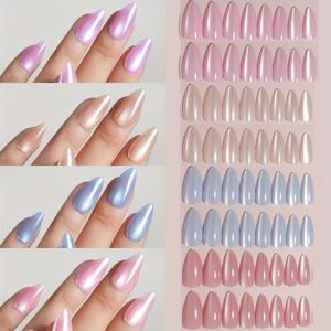 TEMU 보라분홍, 누드, 블루, 핑크 네 가지 색상 96개입 아몬드형 캣아이 누드젤 풀커버 탈부착식 인조손톱, 여성용 DIY, 크리스마스, 밸런타인데이, 일상용 네일아트 용품