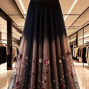 TEMU 빈티지 프렌치 스타일의 그라데이션 컬러 프린트가 특징인, 가을과 겨울에 완벽한 플로잉 롱 A라인 스커트