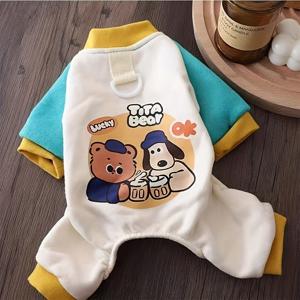 TEMU 프린팅 곰 가을/겨울 스타일 비숑프리제용 가슴줄 달 수 있는 네발 스웨트셔츠, 반려동물용 슈나우저, 웨스트 테리어, 테디, 고양이 겨울 실내 파자마, 아웃도어 의류