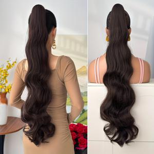 TEMU 집게핀형 포니테일 연장용 헤어 32인치 롱 바디웨이브 내열성 섬유 인조머리 가발 여성용 파티 데일리용