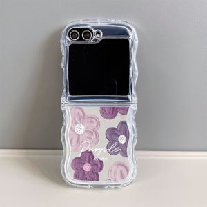 TEMU 휴대폰 케이스 - TPU 접이식 풀 프로텍션 폰 케이스, 회색 및 보라색의 대형 플로럴 웨이브 투명 패턴, 삼성 갤럭시 Z 플립 모델 4, 5, 6, 7 호환