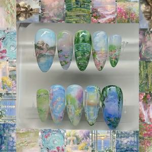 TEMU 새로운 파스텔 스타일, 24개 모네 가든 오일 페인팅 스타일 아몬드 모양 인조 손톱, 아름답고 매력적인 꽃무늬 디자인으로 패셔너블하고 다재다능하며, 예술적이고 우아한 룩에 완벽, 외출 및 네일 아트에 이상적