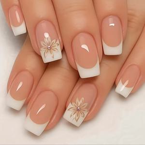 TEMU 여성용 스퀘어 인조 네일 세트 | 중간 길이, 심플 스타일 플라워 패턴, 프렌치 화이트 엣지, 장식 | 글로시 마감, 캐주얼 웨어에 적합