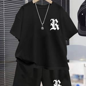 TEMU 청소년 남아용 R 패턴 캐주얼 여름 반팔 세트 패션 아웃도어 스포츠 봄과 여름 남아용 티셔츠 탑 반바지 세트 액세서리 미포함, 야외용, 야외 활동에 완벽