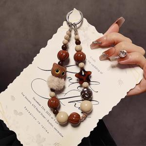 TEMU 브라운 고양이 펜타그램 구슬 핸드 스트랩 체인 손목 스트랩 짧은 랜야드, 휴대폰 케이스, 자동차 열쇠고리, 가방 고리용