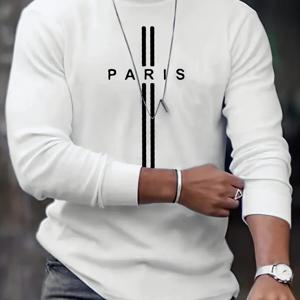 TEMU 남성용 긴팔 크루넥 티셔츠, 캐주얼 슬림핏, 고신축 폴리에스터 니트 원단, 폴리에스터 95% 엘라스테인 5%, 파리 디자인 드로잉 패턴