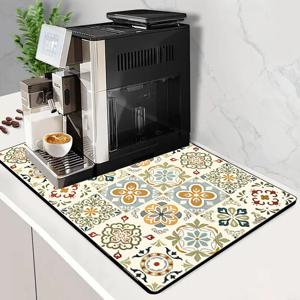 TEMU 플로럴 체크 디자인 1개, 식기 건조 매트, 주방 물기 제거 매트 - 조리대 흡수 매트, 폴리에스터 섬유 패드, 미끄럼 방지 - 스크래치 방지 및 내마모성 커피 머신, 식기류에 적합