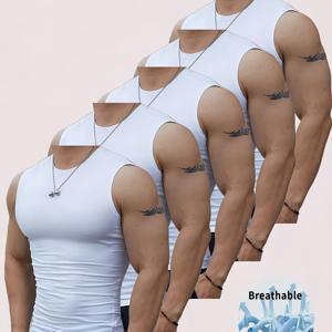 TEMU 남성용 퀵드라이 운동용 탱크탑 5개 세트 - 통기성, 흡습성 민소매 스포츠 조끼, 헬스, 러닝, 트레이닝용, 블랙 폴리에스터-스판덱스 혼방, 워크아웃 의류|핏감 좋은 탱크|흡습 소재, 헬스웨어