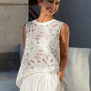 TEMU 여성용 레이스 자수 시스루 탱크탑, 민소매, 휴가 또는 해변복으로 적합 - Niannian