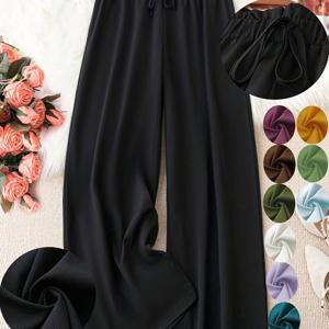 TEMU 여성용 플러스 사이즈 녹색 와이드 레그 팬츠 - 스트레치되지 않음, 직선형, 봄/여름 패션, 드로스트링 허리, 캐주얼 착용, 캐주얼 착용 팬츠|와이드 레그 패션|드로스트링 허리띠, 플러스 사이즈 팬츠