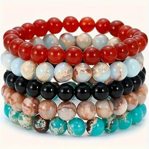 TEMU 천연 호안석 인도 마노 패션 남성용 팔찌 5종 세트, 맵 스톤 아마조나이트 커플 팔찌, 블랙 라인 레드 베인 스톤, 핑크 제브라 멀티피스 세트, 탄력 있는 비즈 팔찌, 친구 가족 선물, 휴일 생일 선물, 아들 아빠 아버지의 날 선물