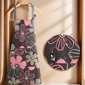 TEMU 조절 가능한 플로럴 프린트 앞치마, 홈/가드닝용 대형 포켓, 조절 가능한 어깨끈 - 세탁 가능하고 청소가 쉬움, 주방/야외 요리 및 가드닝에 이상적, 스타일리시한 핑크와 그레이 플로럴 디자인, 어머니날 선물, 가드닝 도구, 야외 바비큐, 가정 청소, 레스토랑 사용에 완벽