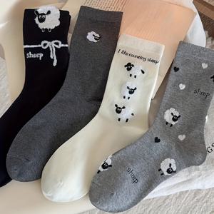 TEMU 여성용 양 캐릭터 귀여운 양말 4켤레, 단색 미드 삭스, 봄/가을 회색 퍼우드 양말, 가을/겨울 플록 인스 트렌디 양말, 활용도 높은 양말
