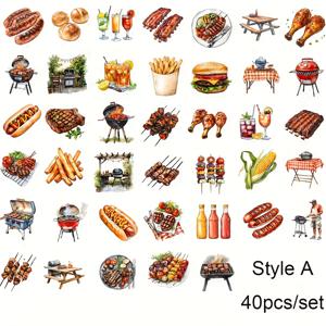 TEMU 다양한 음식 디자인을 특징으로 하는 수제, 창의적, 빈티지 스타일 스티커 40개 세트. 다이어리, 노트북 및 잡지 꾸미기에 완벽합니다.