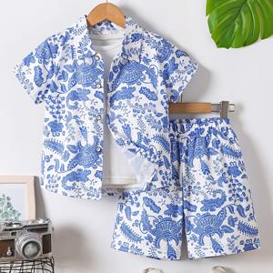 TEMU 남아 반팔 클래식 에스닉 프린트 셔츠 & 반바지 세트, 캐주얼한 봄/여름 휴가 및 야외 활동에 적합