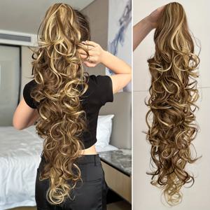 TEMU 여성을 위한 데일리룩에 잘 어울리는, 열 저항 합성 섬유로 제작된 30인치 멀티 컬러 딥 웨이브 포니테일 익스텐션 (단발 스타일링 액세서리)