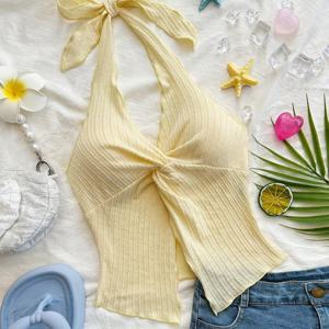 TEMU 타이, 밑단, 사이드 슬릿, 오픈 백이 있는 세련되고 섹시한 민소매 탑