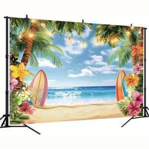 TEMU 1개, 여름 파티 배너, 서핑보드, 야자수, 꽃, 조명이 있는 해변 풍경. 생일 사진 배경, 크리스마스 웨딩 파티 용품, 휴일 장식 41.3*59인치 53*59인치 59*80.7인치 70.8*92.344인치