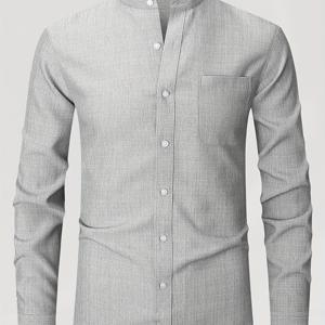 TEMU 남성용 라운드넥 긴팔 캐주얼 셔츠, 단색, 가슴 포켓 디자인, 비즈니스룩에 적합