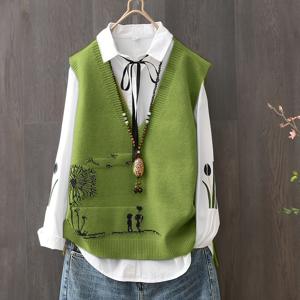 TEMU TJ22699 여성용 V넥 조끼, 캐주얼 루즈핏 민소매 스웨터 탑 (문학 스타일)