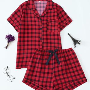 TEMU 여성용 신상 봄/여름 캐주얼 레트로 레드 체크무늬 슈트, 반팔 쇼츠 2피스 턴 칼라 가디건 및 단추 잠옷 세트