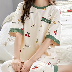 TEMU 여성용 편안한 과일 체리 프린트 파자마 세트, 주머니 있는 라운드넥 반팔 상의와 카프리 팬츠, 캐주얼 루즈핏 라운지웨어 파자마