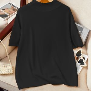 TEMU 플러스 사이즈 - 플러스 사이즈 - 이 봄/여름 여성용 우아한 블랙 하이넥 반팔 상의는 부드럽고 클래식한 원단으로 제작되었으며, 다양한 상황에 적합합니다.