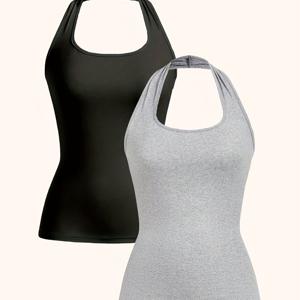 TEMU 2개 여성 홀터넥 민소매 탑 - 솔리드 컬러 오픈백 셔츠, 스트레치 올시즌 캐주얼 & 드레시 웨어, 기계 세탁 가능 솔리드 컬러 블라우스 (비) - 비치, 파티, 일상 아웃핏용